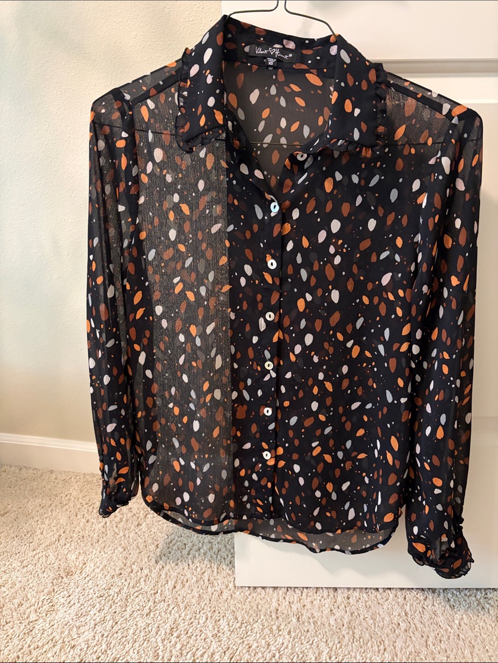 Velvet Heart Black Sheer Button-Down Blouse with Orange and White Spot Print